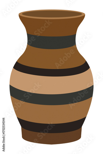Traditional clay vase with brown and black stripes flat vector illustration