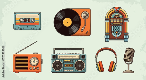 A collection of retro music devices and audio equipment in a vintage illustration style.