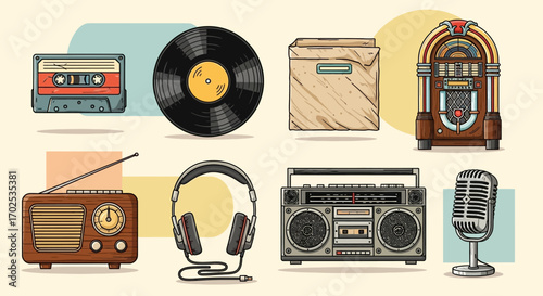 A collection of vintage audio equipment including a cassette tape, vinyl record, jukebox, radio, headphones, boombox, and microphone.
