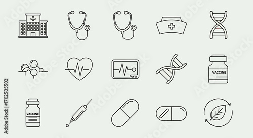 A collection of medical and healthcare line icons, including hospital, stethoscope, DNA, heart, ECG, vaccine, syringe, and pills.