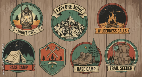 Collection of camping and outdoor adventure themed badges and emblems.