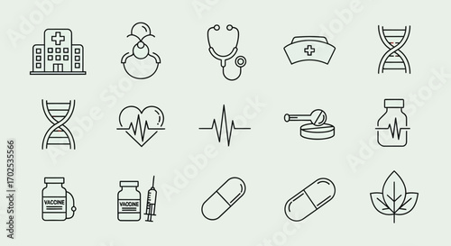 Collection of medical and healthcare related icons, including hospital, stethoscope, nurse cap, DNA, heart rate, medicine, and pills.