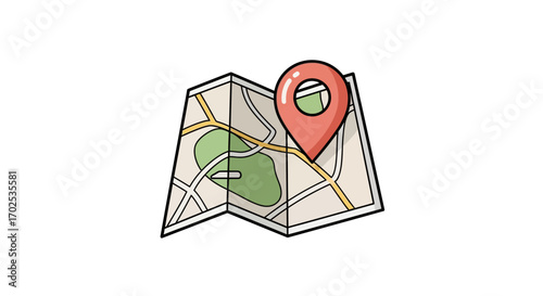 A cartoon illustration of a folded paper map with a red location pin indicating a specific destination.
