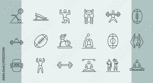 A collection of line art icons representing various sports and fitness equipment, including weights, exercise machines, and balls.