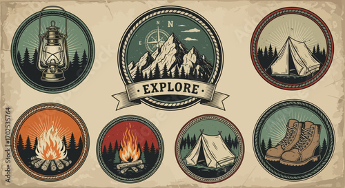 Vintage Camping and Hiking Badge Set.