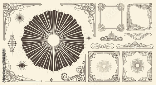A collection of vintage Art Nouveau style decorative elements, including frames, corners, and a central sunburst design.