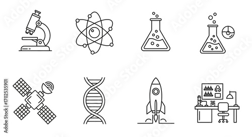 Line icons of science, technology, and research.