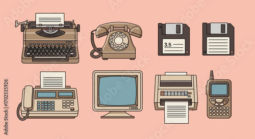 A collection of vintage technology items including a typewriter, rotary phone, floppy disks, fax machine, CRT monitor, and early mobile phone.