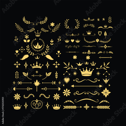 Vintage Golden Page Ornaments with Crowns, Arrows and Floral Flourishes