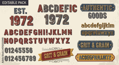 Vintage alphabet and numbers with decorative elements, including banners and signs.