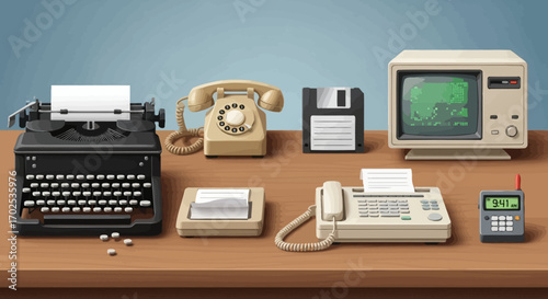 An illustrated collection of vintage office technology and communication devices from the past, arranged neatly on a wooden desk.