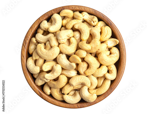 Organic Cashew Nuts in Wooden Bowl Isolated 
