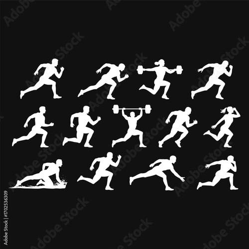 Silhouette of athletes running, sprinting, and lifting weights, fitness training, workout, sport activity, speed, power, strength, exercise, dynamic motion, athletic performance.