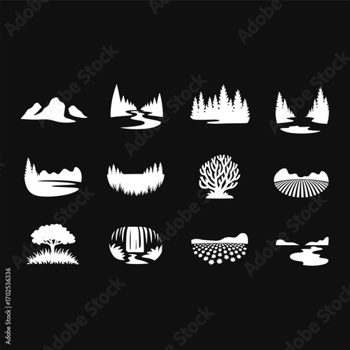 Silhouette of various natural landscapes including mountains, rivers, forests, trees, waterfalls, fields, and bushes, nature scenes, outdoor environment, scenic views, peaceful nature, wilderness, nat