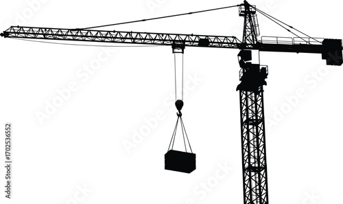 Construction crane silhouette, tall tower crane lifting heavy load, industrial building machinery vector, black construction equipment, isolated crane structure illustration, urban skyline silhouette