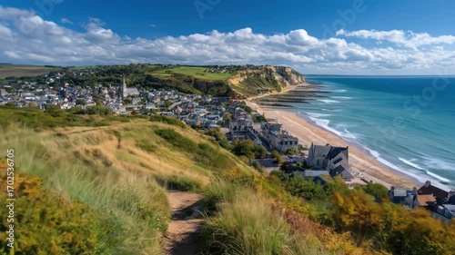 Wallpaper Mural Coastal panorama of a town nestled beside a beach with cliffs, sea, and blue sky dotted by clouds Torontodigital.ca