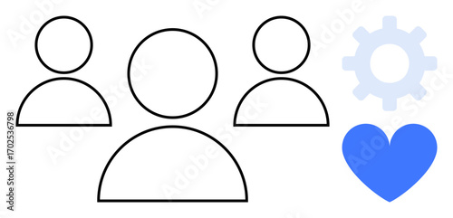 Three people icons outline collaboration and connections, complemented by a gear symbolizing teamwork and a blue heart for empathy. Ideal for teamwork, HR, care, community, collaboration, management