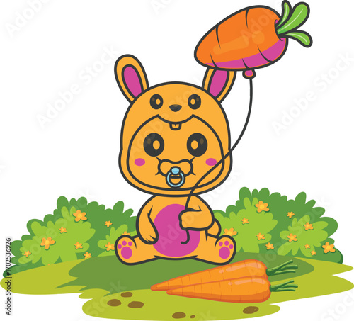 Cute baby bunny in costume holding a carrot balloon.