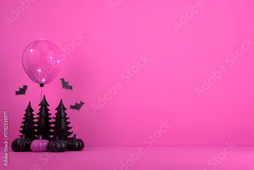 Pink Halloween Scene Bats, Pumpkins, & Glowing Balloon