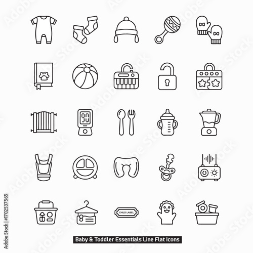 Baby & Toddler Essentials Line Icons Flat Design. Modern Black & White Vector Graphics