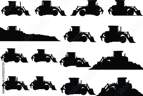 Full Black Silhouette Construction Equipment, Excavator in Various Positions, Heavy Machinery Digging, Land Development, Tractor Loader, Excavation Work, Construction Site Silhouettes