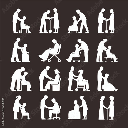 Silhouette of caregiver assisting elderly person, senior healthcare support, nursing care, sitting aid, rehabilitation, medical help, patient service, compassion, therapy, wellness