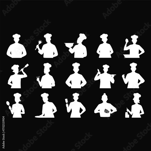 Silhouette of chef cooking, holding kitchen utensils, wearing chef hat, culinary expert, food preparation, baking, cooking skills, kitchen work, chef posing, professional chef, cooking activity