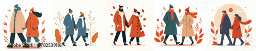 vector of a couple walking together in autumn
