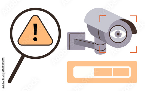 Surveillance camera with zoomed focus and alert warning under magnifying glass alongside progress bar. Ideal for security, monitoring, alert systems, data review, privacy analysis, technology