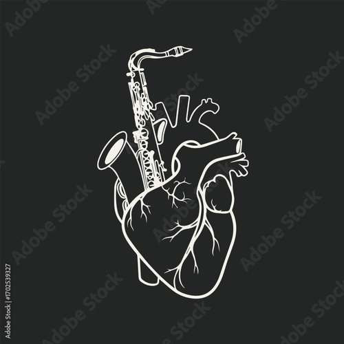 Abstract vector illustration of a human heart combined with saxophone, surreal musical anatomy artwork design
