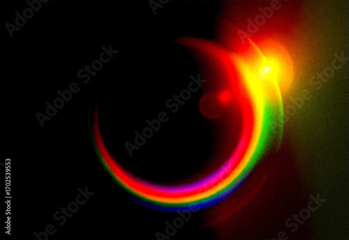 Abstract concept of cosmic energy, featuring a luminous crescent of vibrant rainbow light with a brilliant solar flare effect against the deep black void of space