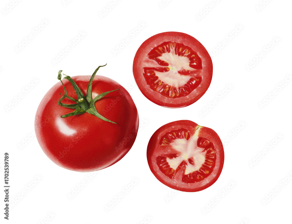 Fototapeta premium Ripe tomato, whole and halved, top-down view