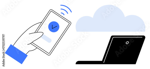 Hand holding smartphone with checkmark, syncing to cloud and laptop. Ideal for technology, cloud computing, data transfer, file sharing, online security, remote access and mobile integration. Simple