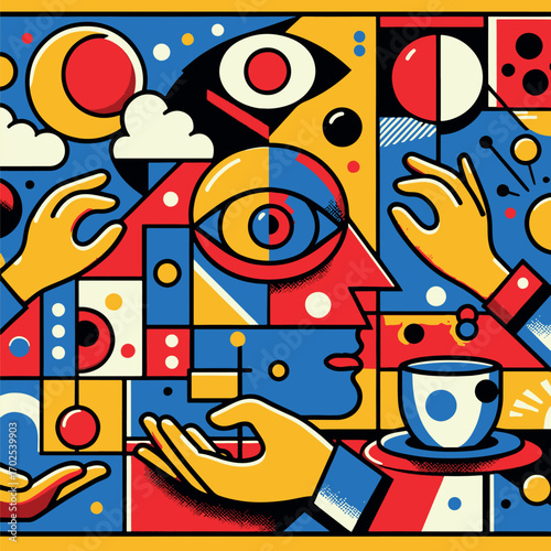 DadaPop maximalist flat illustration with surreal figures and geometric shapes