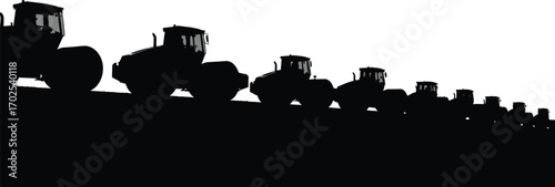 Full Black Silhouette of Construction Equipment: Roller Compactors in Line, Ideal for Construction, Industry, Heavy Machinery Themes, Perfect for Engineering Illustrations