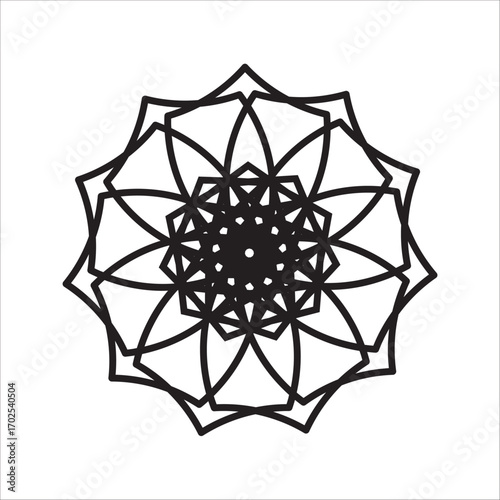 Intricate black and white mandala-inspired pattern with symmetrical geometric lines, perfect for meditation, spiritual growth, or decorative design projects