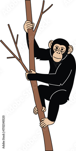 Cartoon chimpanzee climbing tree, wildlife animal behavior illustration, jungle habitat scene, educational nature drawing, CAD drawing flat vector illustration for learning and conservation themes