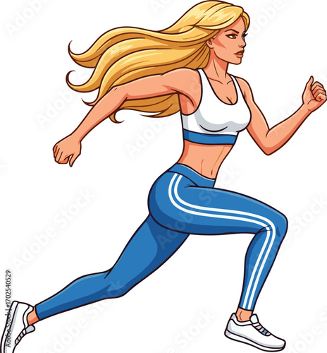 Cartoon athletic woman running fast in sportswear, fitness female character training outdoor exercise, healthy lifestyle jogging runner vector illustration design