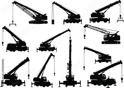 Full black silhouette of different construction cranes, industrial lifting machinery with varied angles and positions, perfect for construction, engineering