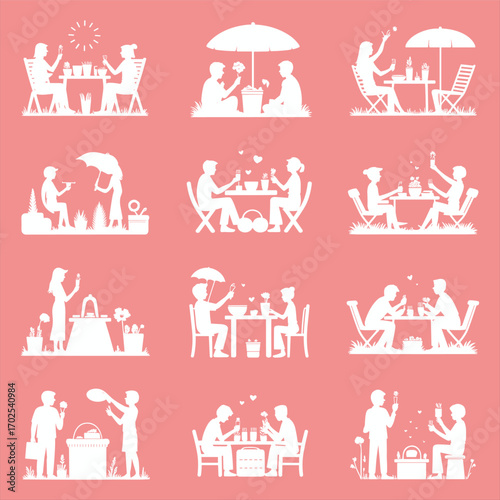 Silhouette of couples enjoying picnic, romantic outdoor dining, sharing flowers, eating ice cream, sitting under umbrella, love and relationship moments, leisure lifestyle concept