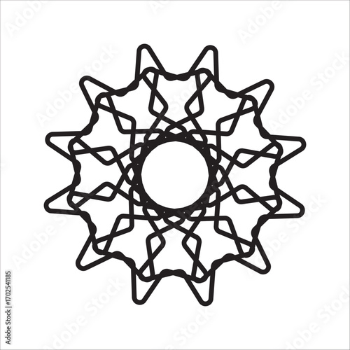 Abstract geometric mandala design with intricate repeating patterns, circular symmetry, and black linework on a white background