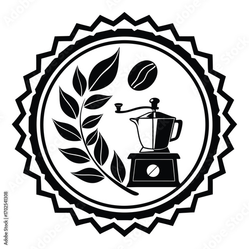 Circular emblem with vintage coffee grinder, coffee beans, and a branch with leaves manual coffee grinder