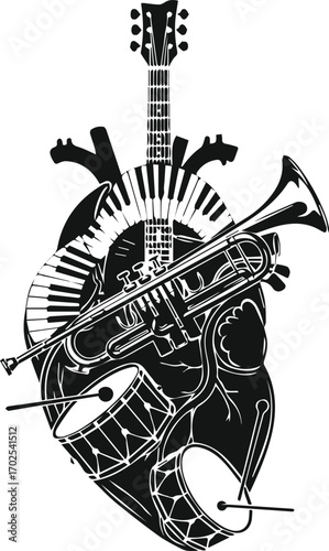 Anatomical heart made of various musical instruments. A conceptual vector for a band logo or festival poster.