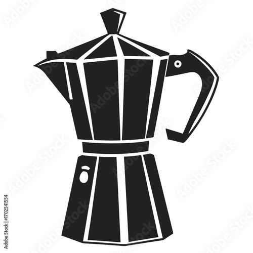 Classic Black Silhouette of a Moka Pot Coffee Maker on a White Background Keywords: moka pot, coffee maker, stovetop, espresso, italian, vintage, retro, kitchenware, beverage, drink, caffeine