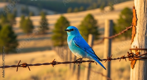 Mountain Bluebird Perched on Barbed Wire Fence.
