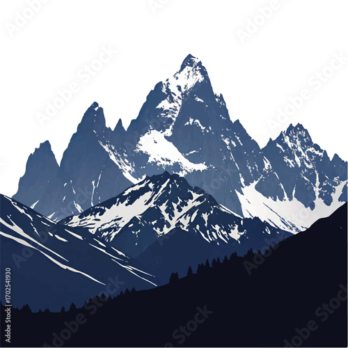 Majestic snow-capped mountain range with dark blue and white peaks and foreground silhouette Keywords: mountains, snow, peaks, range, landscape, nature, blue, white, dark, silhouette, foreground