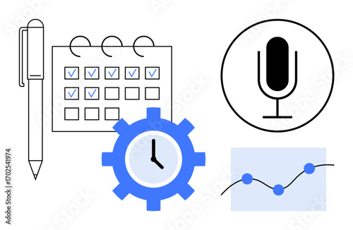 Pen and calendar with checkmarks, clock gear symbolizing time management, microphone for communication, and a growth chart. Ideal for productivity, planning, organization, strategy, time analysis