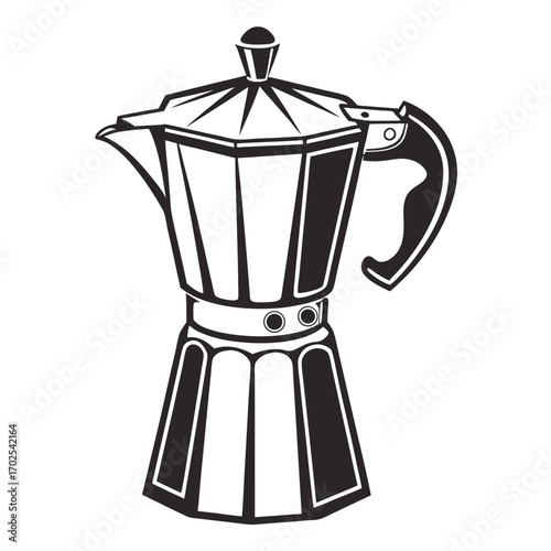 Detailed Black Silhouette of a Moka Pot Coffee Maker on a White Background Keywords: moka pot, coffee maker, stovetop, espresso, italian, vintage, retro, kitchenware, beverage, drink, caffeine