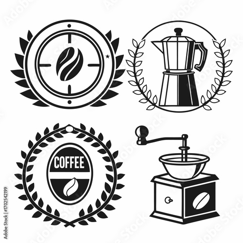Collection of Four Black and White Coffee Themed Emblems and Icons Keywords: coffee, emblems, icons, coffee beans, moka pot, coffee grinder, laurel wreath, circular, design, illustration, black and