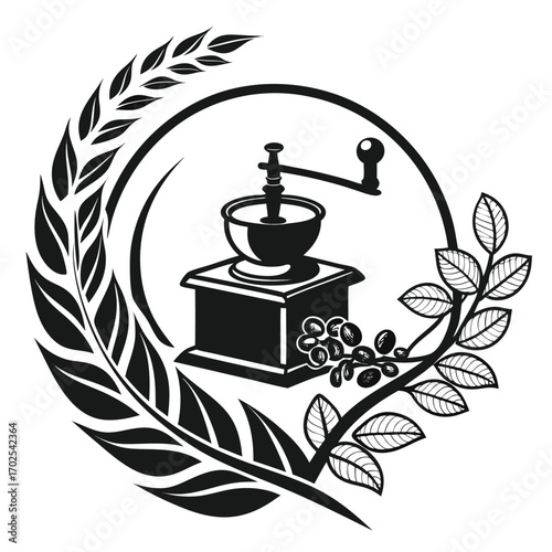 Emblematic Coffee Grinder Surrounded by Laurel Wreath and Coffee Branch manual hand crank
